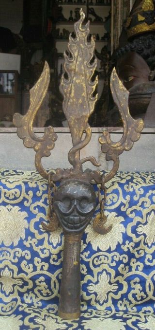 Antique Tibetan Tantrik Iron Tirsula Skull Khatvanga,  Magical Wand.  Nepal