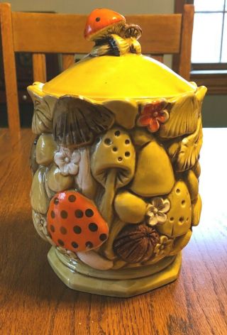 Vintage 1970s Mushroom Toadstool Ceramic Canister Cookie Jar Gold Orange Brown