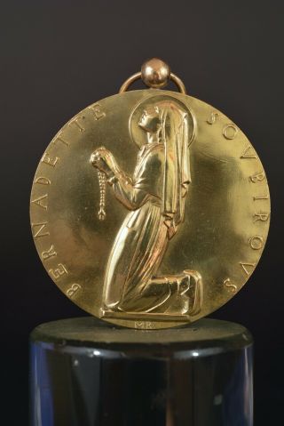 Large French Religious Medal Pendant St Bernadette Soubirous Signed Bronze