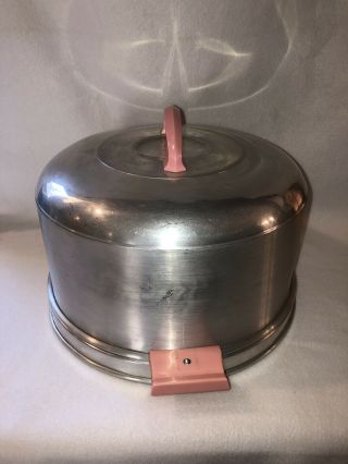 Vintage Kromex 1950’s Aluminum Covered Cake Carrier Locking Lid PINK HANDLES 5