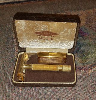 Vintage Gillette Milford Tto Gold Tone Razor With Blade Case Box