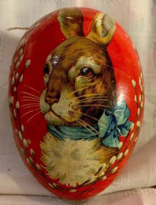 Vtg German Easter Rabbit Pussy Willow Paper Mache Egg Candy Container - 5” Best