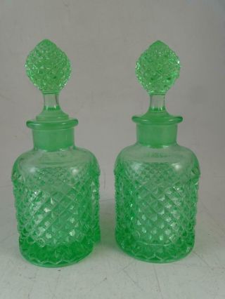 Antique Green Depression Decanter Perfume Cologne Bottle Set Diamond Vintage X2