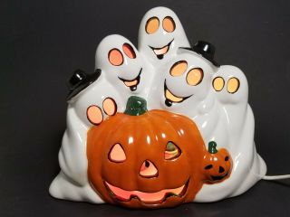 Ceramic Gaggle Of Ghosts Figurine Pumpkin Electic Lighted Halloween Spooky