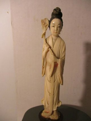 Chinese Hand Carved Ivory Colored Resin Statue Of Woman W/flower