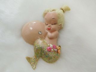 Vtg Porcelain Wall Plaque Hand Painted Baby Sleeping Mermaid Rhinestone Seashell