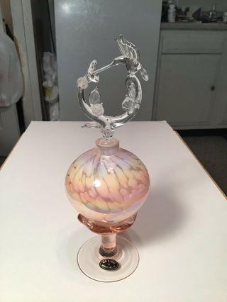 Vintage “harper Lee”iridescent Art Glass Perfume Bottle W Hummingbird Stopper