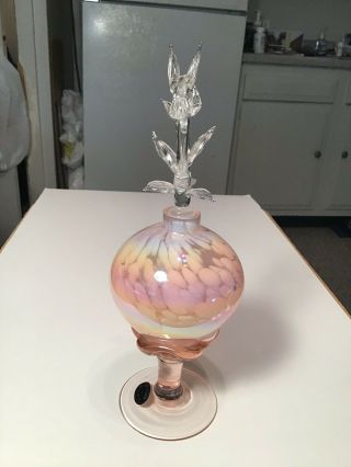 Vintage “Harper Lee”Iridescent Art Glass Perfume Bottle w Hummingbird Stopper 2