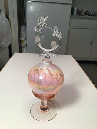 Vintage “Harper Lee”Iridescent Art Glass Perfume Bottle w Hummingbird Stopper 3