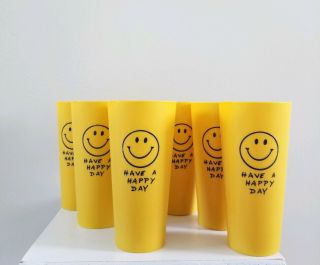 6 Vintage Have A Happy Day Yellow Smiley Face 70s Plastic Tumblers Cups