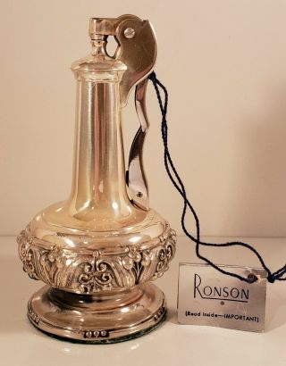 RARE RONSON DECANTER PAIR IN SILVER PLATE WITH TAGS,  BOX,  AND POUCH 5