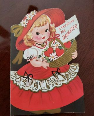 50s Vtg Rust Craft Valentine Greeting Card Cute Girl Red Dress Embossed Diecut