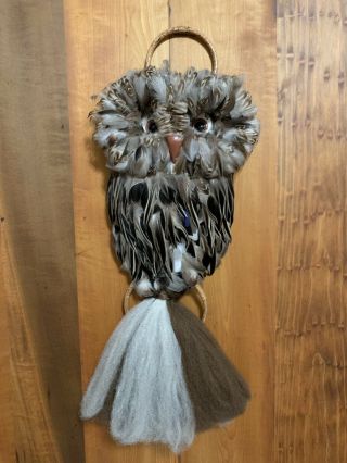 Vintage Macrame Owl Wall Hanging Towel Holder Real Feathers Retro Wall Decor 30”
