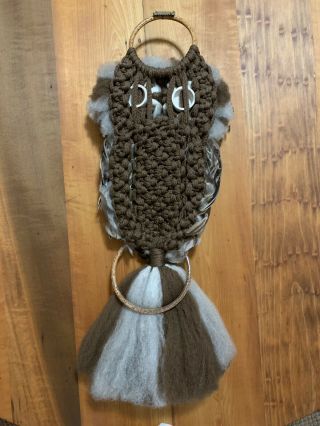 Vintage Macrame Owl Wall Hanging Towel Holder Real Feathers Retro Wall Decor 30” 5