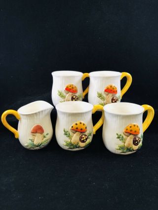Vintage 1976 Merry Mushroom Mugs Coffee Cup Set Of 4 Stranger Things W/ Creamer