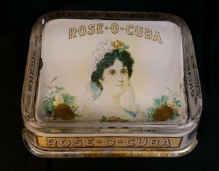 Antique Rose - O - Cuba Cigar Reverse Paint Glass Change Tray By Brunhoff Very Rare