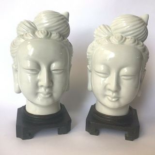 Stunning 6 " Tall Ceramic Asian Buddha Head W Hair Bun On Wood Pedestal