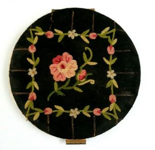Vintage Art Deco French Powder Compact With Embroidered Flowers On Both Sides.