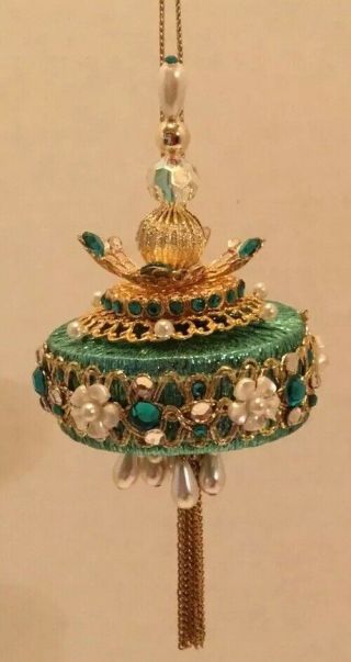 Vintage June Zimonick Beaded Christmas Ornament Elaborate Teal Gold Pearls