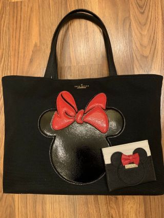 Kate Spade Disney Minnie Mouse Red Bow Black Canvas Tote Plus Credit Card Holder