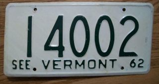 Single Vermont License Plate - 1962 - 14002