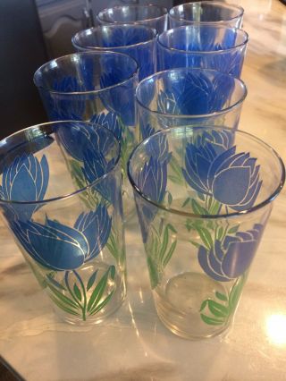 Vintage Mid Century Set Of 8 Blue Tulip Juice Glasses - Collectibles - Htf