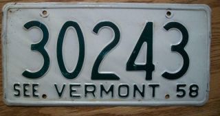 Single Vermont License Plate - 1958 - 30243