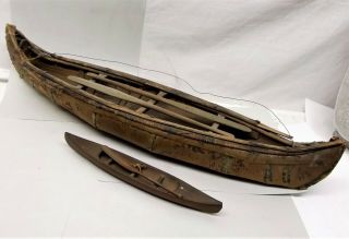 Antique Handmade Cedar & Birch Bark Canoe Model Set Canada Native Handicraft