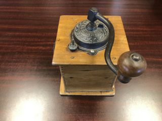 Antique Wooden And Cast Iron Hand Crank Coffee Grinder