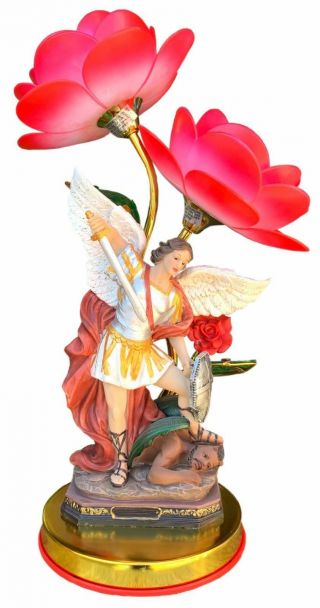 19 " Tall Flower Touch Lamp W/12 " Statue Of Saint Michael The Archangel