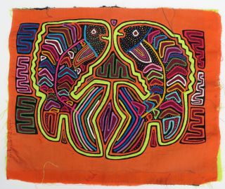 Ethnographic Art By Kuna Women Aquatic Double Fish Motif Mola Appliqued Textile