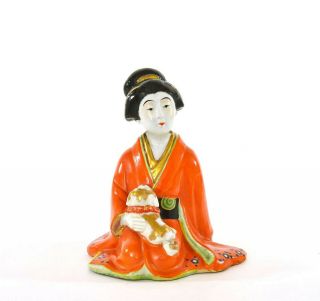 Japanese Kutani Porcelain Geisha Orange Kimono Figurine Figure Pekingese Dog