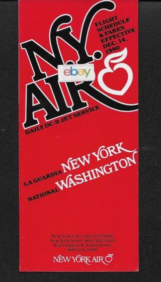 York Air System Timetable Dc - 9 - 30 Fan/jets 12/14/80 Route Map Lga - Dca