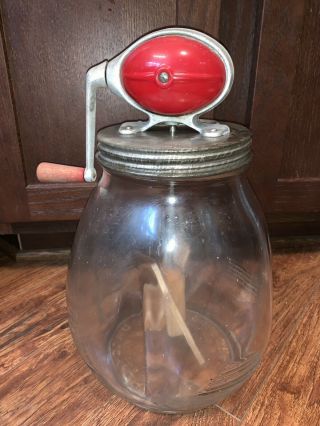 Antique Vintage Butter Churn Dazey Churn No.  8 Glass Jar Red Metal Lid Round