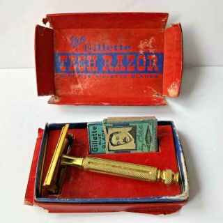 Vintage Gillette 3 Piece Gold Tone Ball End Tech Safety Razor With Blue Blades