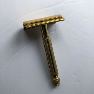 Vintage Gillette 3 piece Gold Tone Ball End Tech Safety Razor with Blue Blades 2