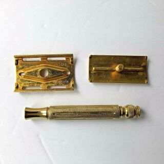 Vintage Gillette 3 piece Gold Tone Ball End Tech Safety Razor with Blue Blades 4