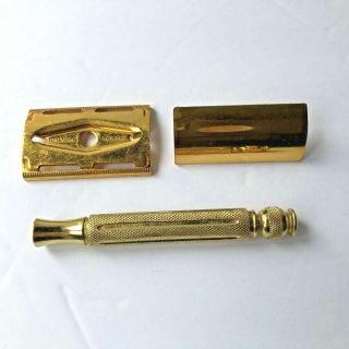 Vintage Gillette 3 piece Gold Tone Ball End Tech Safety Razor with Blue Blades 5