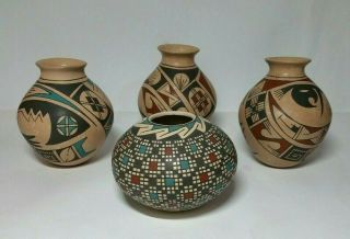 Mata Ortiz Set Of 4 Small Pots,  Grid And Paquime Design