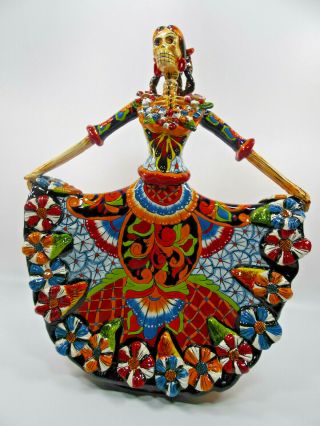 22 " Tall Traditional Dancing Catrina Talavera,  Mexican Folk Art Day Of The Dead