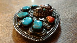 NATIVE SIGNED LP STERLING SILVER BELT BUCKLE BUFFALO HEAD 8 ? TURQUOISE CORAL 10
