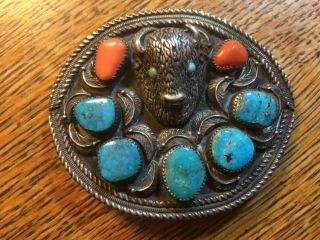 Native Signed Lp Sterling Silver Belt Buckle Buffalo Head 8 ? Turquoise Coral