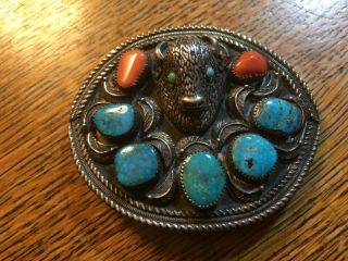 NATIVE SIGNED LP STERLING SILVER BELT BUCKLE BUFFALO HEAD 8 ? TURQUOISE CORAL 2