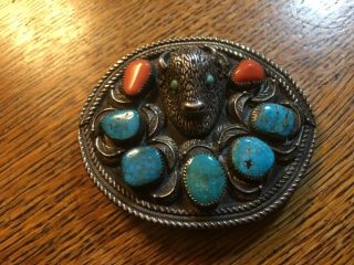 NATIVE SIGNED LP STERLING SILVER BELT BUCKLE BUFFALO HEAD 8 ? TURQUOISE CORAL 3