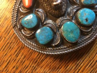 NATIVE SIGNED LP STERLING SILVER BELT BUCKLE BUFFALO HEAD 8 ? TURQUOISE CORAL 4