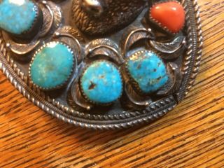 NATIVE SIGNED LP STERLING SILVER BELT BUCKLE BUFFALO HEAD 8 ? TURQUOISE CORAL 5