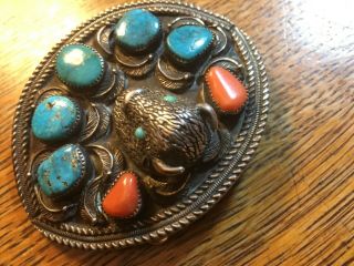 NATIVE SIGNED LP STERLING SILVER BELT BUCKLE BUFFALO HEAD 8 ? TURQUOISE CORAL 6