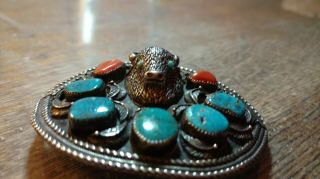 NATIVE SIGNED LP STERLING SILVER BELT BUCKLE BUFFALO HEAD 8 ? TURQUOISE CORAL 9