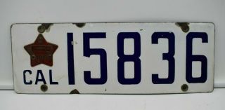 Rare 1919 Ca California Porcelain License Plate With Star