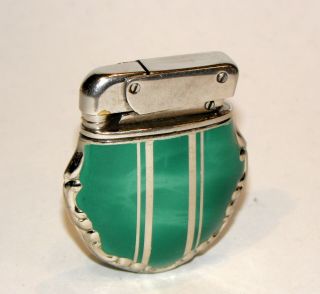 Rare 1950s Art Deco Green Enamel Kw Fancy Shape Automatic Pocket Petrol Lighter